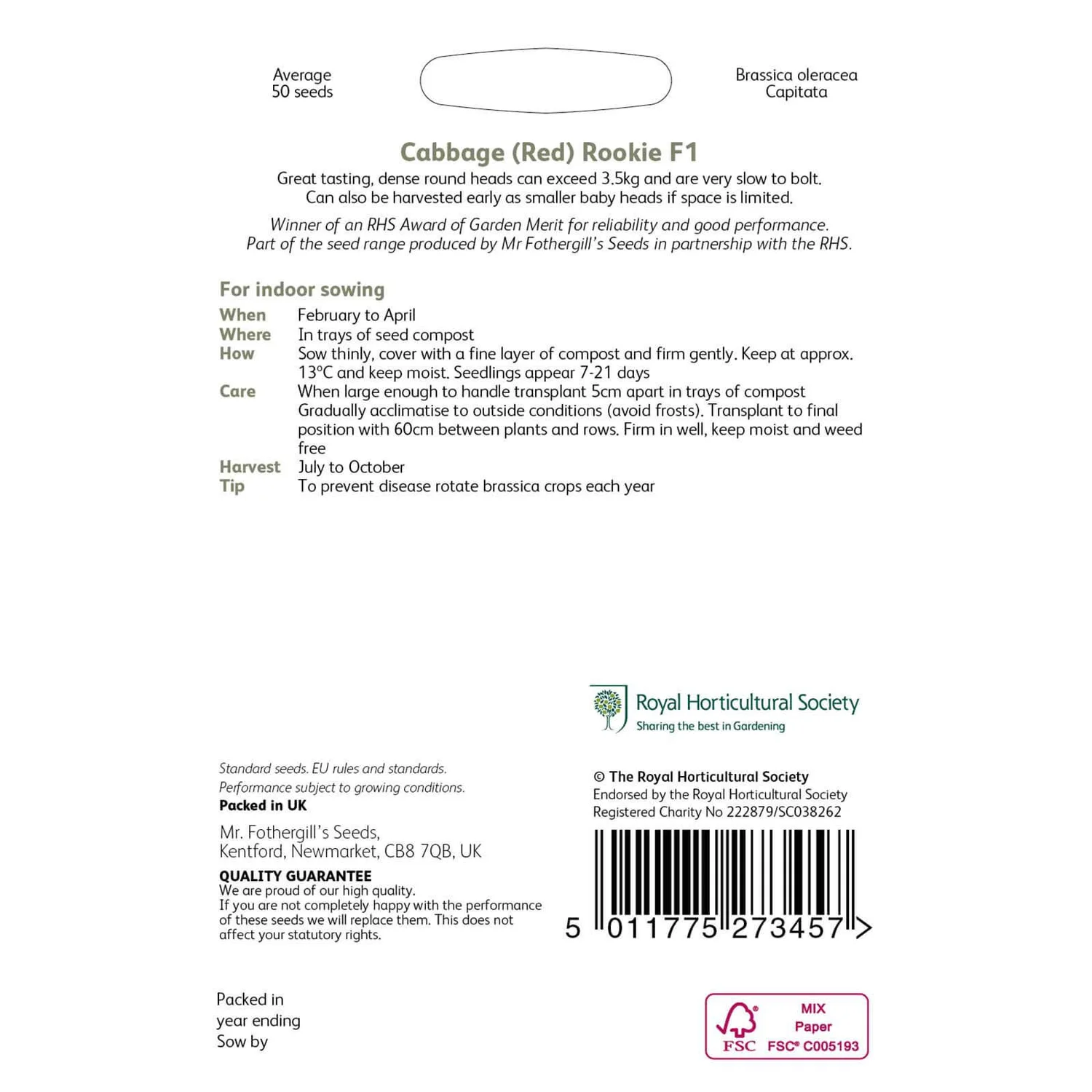 RHS Cabbage (Red) Rookie F1 Seeds - Image 2