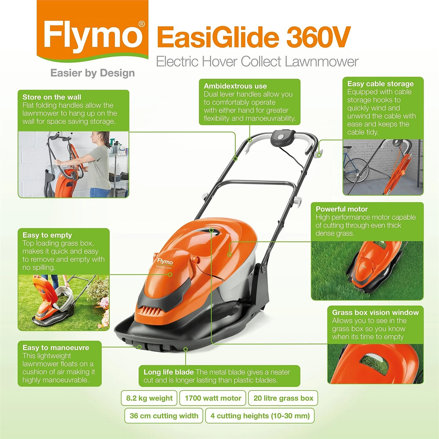 Flymo 1800W EasiGlide Electric Hover Lawn Mower - 36cm - Image 8
