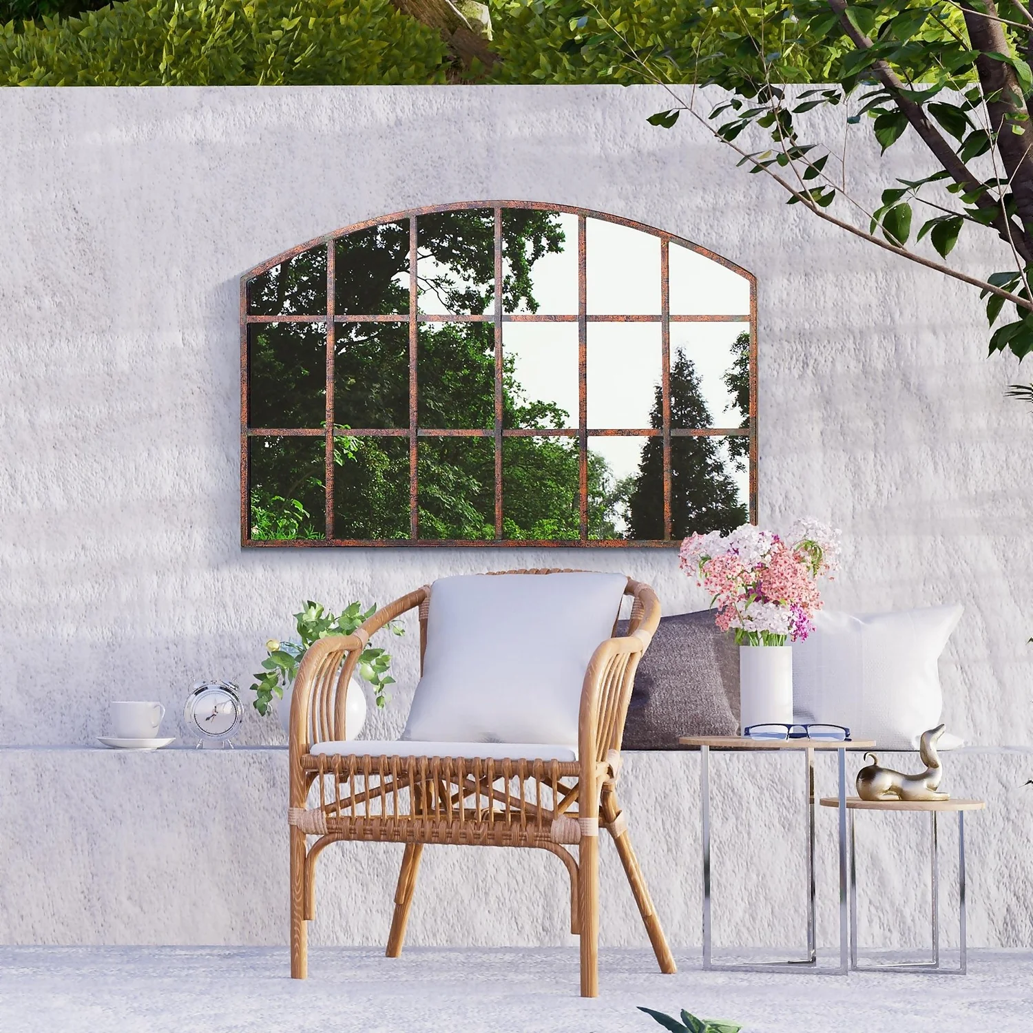 MirrorOutlet Metal Arched Decorative Window Garden Mirror - 90x56cm - Image 2