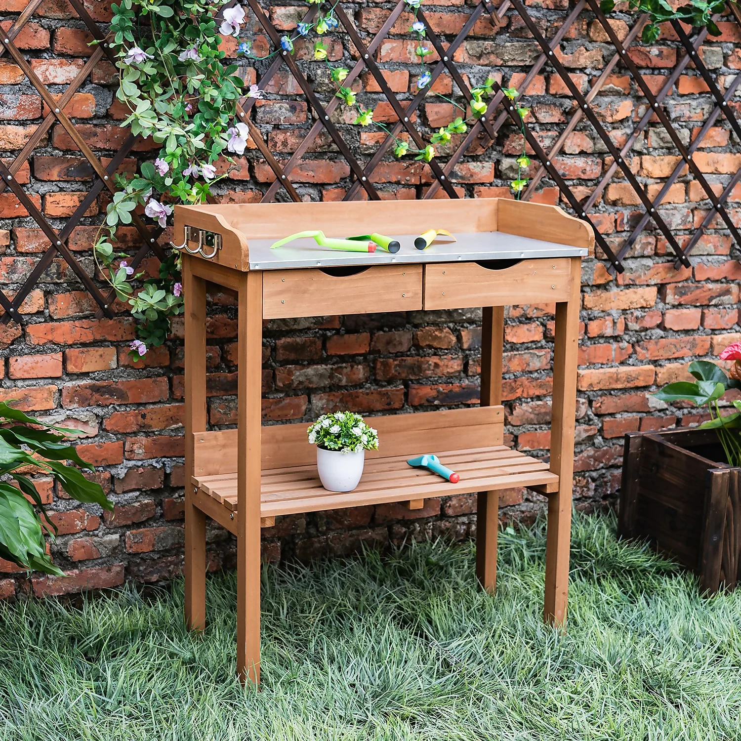 Garden Potting Bench With Two Drawers & Shelf - Image 4