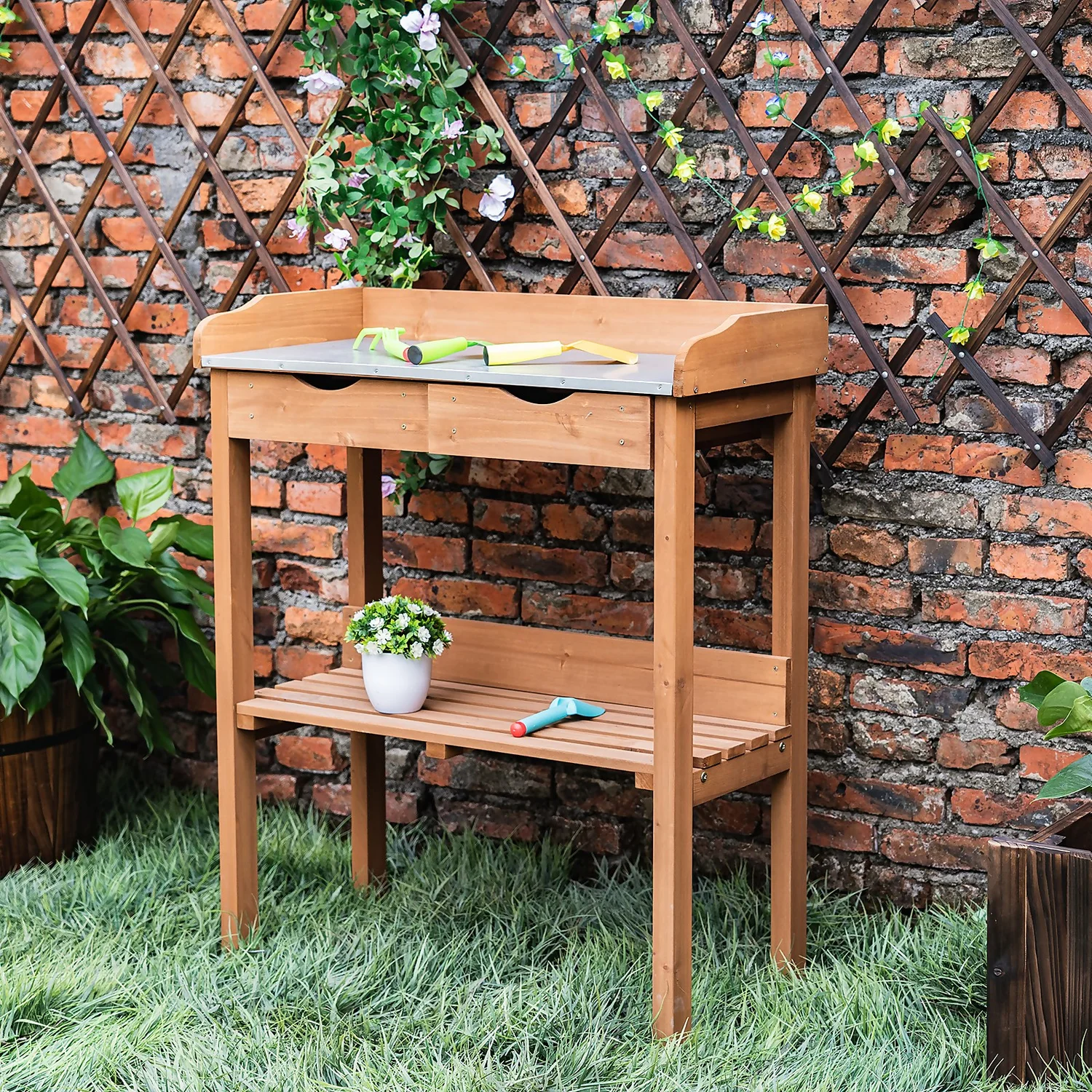 Garden Potting Bench With Two Drawers & Shelf - Image 2